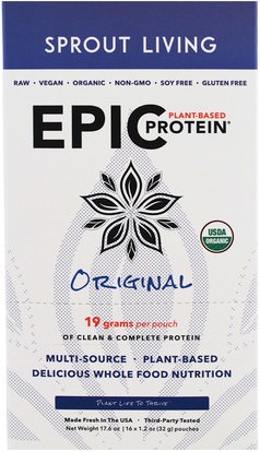 Sprout Living, Epic Plant-Based Protein, Original, 16 Pouches, 1.2 oz (32 g) Each ,والمكملات الغذائية، والبروتين