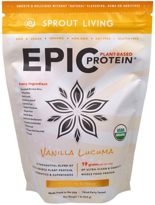Sprout Living, Epic Plant-Based Protein, Vanilla Lucuma, 1 lb (454 g) ,والمكملات الغذائية، والبروتين