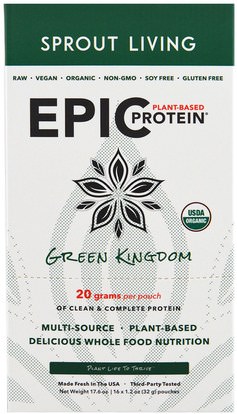 Sprout Living, Organic, Epic Plant-Based Protein, Green Kingdom, 16 Pouches, 1.2 oz (32 g) Each ,والمكملات الغذائية، والبروتين