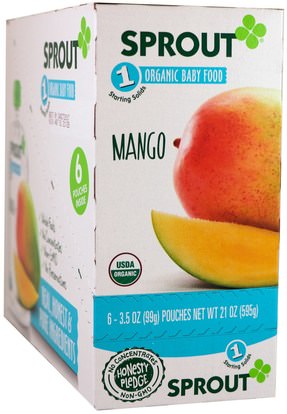 Sprout Organic, Baby Food, Stage 1, Mango, 6 Pouches, 3.5 oz (99 g) Each ,صحة الطفل، تغذية الطفل