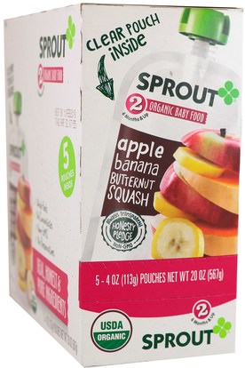 Sprout Organic, Baby Food, Stage 2, Apple, Banana, Butternut Squash, 5 Pouches, 4 oz (113 g) Each ,صحة الطفل، تغذية الطفل