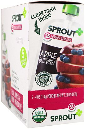 Sprout Organic, Baby Food, Stage 2, Apple, Blueberry, 5 Pouches, 4 oz (113 g) Each ,صحة الطفل، تغذية الطفل