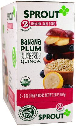 Sprout Organic, Baby Food, Stage 2, Banana, Plum, Blueberry, Quinoa, 5 Pouches, 4 oz (113 g) Each ,صحة الطفل، تغذية الطفل