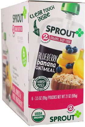 Sprout Organic, Baby Food, Stage 2, Blueberry, Banana, Oatmeal, 6 Pouches, 3.5 oz (99 g) Each ,صحة الطفل، تغذية الطفل