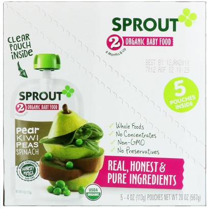 Sprout Organic, Baby Food, Stage 2, Pear, Kiwi, Peas, Spinach, 5 Pouches, 4 oz (113 g) Each ,صحة الطفل، تغذية الطفل