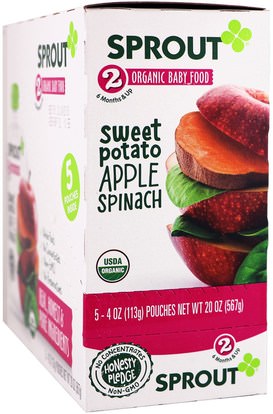 Sprout Organic, Baby Food, Stage 2, Sweet Potato, Apple Spinach, 5 Pouches, 4 oz (113 g) Each ,صحة الطفل، تغذية الطفل