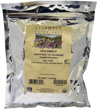 Starwest Botanicals, Ginger Root 1/4 C/S, Organic, 1 lb (453.6 g) ,الأعشاب، جذر الزنجبيل، الزنجبيل التوابل