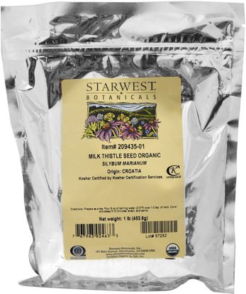 Starwest Botanicals, Milk Thistle Seed Whole, Organic, 1 lb (453.6 g) ,الصحة، السموم، الحليب الشوك (سيليمارين)