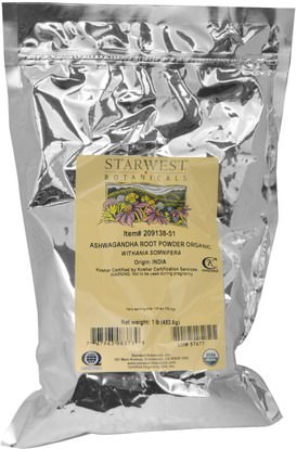 Starwest Botanicals, Organic Ashwagandha Root Powder, 1 lbs (453.6 g) ,المكملات الغذائية، أدابتوغن، أشواغاندا ويثانيا سومنيفيرا
