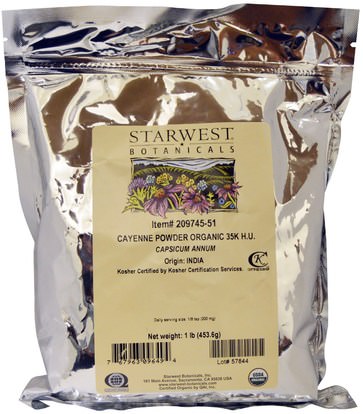 Starwest Botanicals, Organic Cayenne Powder 35K H.U., 1 lb (453.6 g) ,الأعشاب، فلفل كايين (الفلفل الأحمر) والتوابل والتوابل
