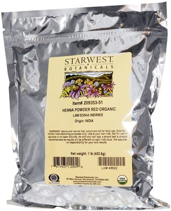 Starwest Botanicals, Organic Henna Powder, Red, 1 lb (453.6 g) ,حمام، الجمال، الشعر، فروة الرأس، لون الشعر، العناية بالشعر