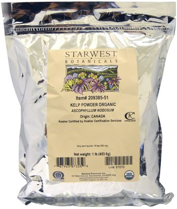 Starwest Botanicals, Organic Kelp Powder, 1 lb (453.6 g) ,المكملات الغذائية، الطحالب المختلفة، عشب البحر