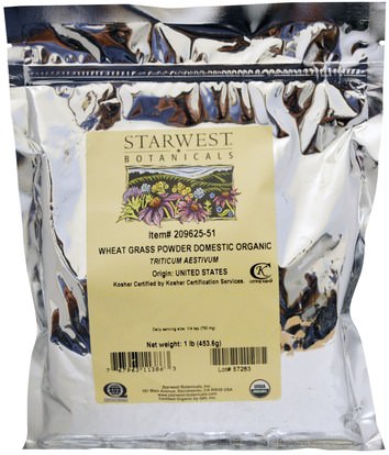 Starwest Botanicals, Organic Wheat Grass Powder Domestic, 1 lb (453.6 g) ,المكملات الغذائية، سوبرفوودس، عشب القمح