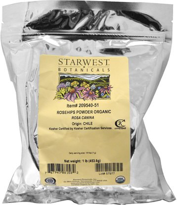 Starwest Botanicals, Rosehips Powder, Organic, 1 lb (453.6 g) ,الفيتامينات، فيتامين ج، وردة الوركين مسحوق، والغذاء، والشاي العشبية