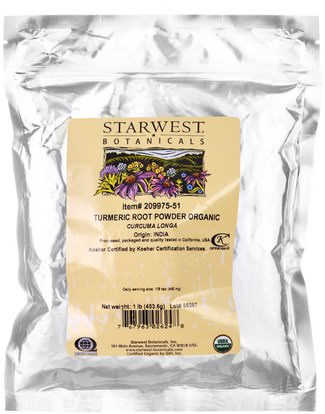 Starwest Botanicals, Turmeric Root Powder Organic, 1 lb (453.6 g) ,الطعام، التوابل والتوابل، الكركم التوابل، المكملات الغذائية، مضادات الأكسدة، الكركمين