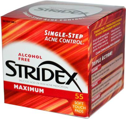 Stridex, Single-Step Acne Control, Maximum, Alcohol Free, 55 Soft Touch Pads ,الجمال، حمض الصفصاف، منتجات حب الشباب الموضعية