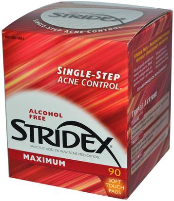 Stridex, Single-Step Acne Control, Maximum, Alcohol Free, 90 Soft Touch Pads ,الجمال، حمض الصفصاف، منتجات حب الشباب الموضعية