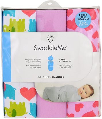 Summer Infant, Swaddle Me, Original Swaddle, Small, 0-3 Months, Elephant Hearts, 3 Swaddles ,صحة الطفل، إمرأة، اطفال