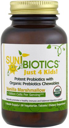 Sunbiotics, Just 4 Kids, Organic Probiotic Chewables, Vanilla Marshmallow, 30 Veggie Tabs ,والمكملات الغذائية، والأطفال البروبيوتيك