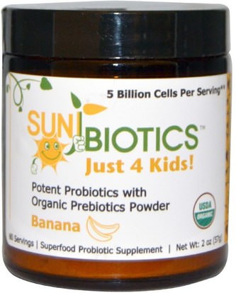 Sunbiotics, Just 4 Kids! Potent Probiotics with Organic Prebiotics Powder, Banana, 2 oz (57 g) ,المكملات الغذائية، البروبيوتيك، الأطفال البروبيوتيك، استقرت البروبيوتيك