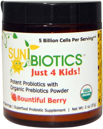 Sunbiotics, Just 4 Kids! Potent Probiotics with Organic Prebiotics Powder, Bountiful Berry, 2 oz (57 g) ,المكملات الغذائية، البروبيوتيك، الأطفال البروبيوتيك
