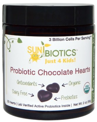 Sunbiotics, Just for Kids! Probiotic Chocolate Hearts, 30 Hearts, 2 oz (56 g) ,المكملات الغذائية، البروبيوتيك، الأطفال البروبيوتيك، استقرت البروبيوتيك