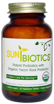 Sunbiotics, Organic, Potent Probiotics with Organic Yacon Root Prebiotics, 30 Veggie Tabs ,المكملات الغذائية، البروبيوتيك، استقرت البروبيوتيك