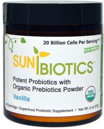 Sunbiotics, Potent Probiotics with Organic Prebiotics Powder, Vanilla, 2 oz (57 g) ,المكملات الغذائية، البروبيوتيك، استقرت البروبيوتيك