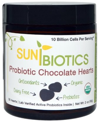 Sunbiotics, Probiotic Chocolate Hearts, 30 Hearts, 2 oz (56 g) ,المكملات الغذائية، البروبيوتيك، استقرت البروبيوتيك، منتجات حساسة للحرارة