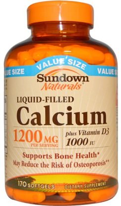 Sundown Naturals, Liquid-Filled Calcium, Plus Vitamin D3, 1200 mg/1000 IU, 170 Softgels ,والملاحق، والمعادن، والكالسيوم فيتامين د
