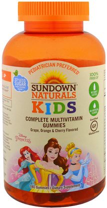 Sundown Naturals Kids, Kids, Complete Multivitamin Gummies, Disney Princess, Grape, Orange & Cherrry, 180 Gummies ,الفيتامينات، الفيتامينات، صحة الأطفال