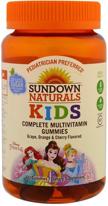 Sundown Naturals Kids, Kids, Complete Multivitamin Gummies, Disney Princess, Grape, Orange & Cherrry, 60 Gummies ,منتجات حساسة للحرارة، الفيتامينات