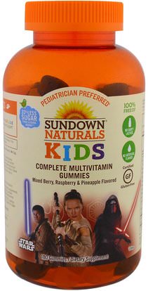 Sundown Naturals Kids, Kids, Complete Multivitamin Gummies, Disney Star Wars, Mixed Berry, Raspberry & Pineapple, 180 Gummies ,الفيتامينات، الفيتامينات، صحة الأطفال
