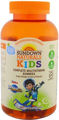 Sundown Naturals Kids, Kids, Complete Multivitamin Gummies, Miles from Tomorrowland, Grape, Orange & Cherry, 180 Gummies ,منتجات حساسة للحرارة، الفيتامينات، غوميس الفيتامينات