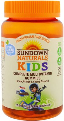 Sundown Naturals Kids, Kids, Complete Multivitamin Gummies, Miles from Tomorrowland, Grape, Orange & Cherry, 60 Gummies ,الفيتامينات، الفيتامينات، صحة الأطفال