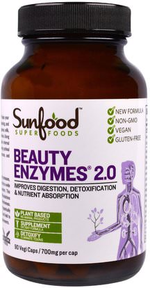 Sunfood, Beauty Enzymes 2.0, 700 mg, 90 Veggie Caps ,المكملات الغذائية، سوبرفوودس، مكافحة الشيخوخة