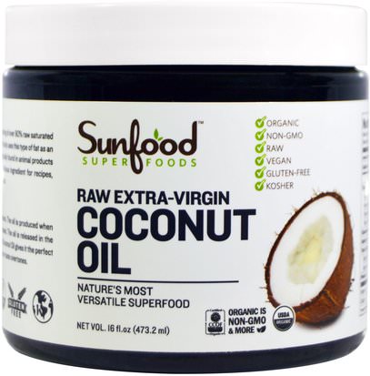 Sunfood, Coconut Oil, Raw Extra-Virgin, 16 fl oz (473.2 ml) ,الغذاء، كيتو ودية، زيت جوز الهند
