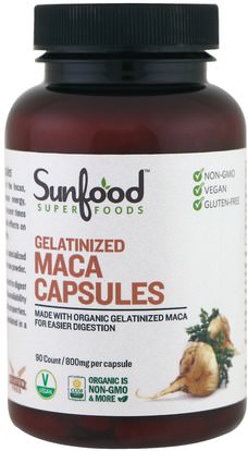 Sunfood, Gelatinized Maca Capsules, 800 mg, 90 Capsules ,الصحة، الرجال، ماكا