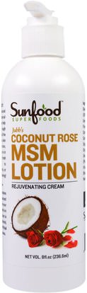 Sunfood, Jubbss Coconut Rose MSM Lotion, 8 fl oz (236.6 ml) ,الجمال، العناية بالوجه، مانوكا العسل للعناية بالبشرة، حمام، غسول الجسم