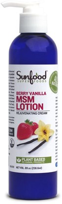 Sunfood, MSM Lotion, Rejuvenating Cream, Berry Vanilla, 8 fl oz (236.6 ml) ,حمام، الجمال، غسول الجسم، ومكافحة الألم