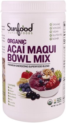 Sunfood, Organic, Acai Maqui Bowl Mix, 14 oz (397 g) ,والمكملات الغذائية، والفواكه السوبر، أكاي استخراج عصير التوت
