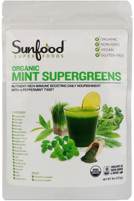 Sunfood, Organic Mint Supergreens, 8 oz (227 g) ,المكملات الغذائية، سوبرفوودس