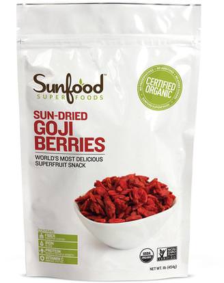 Sunfood, Organic, Sun-Dried Goji Berries, 1 lb (454 g) ,المكملات الغذائية، أدابتوغين، الفواكه المجففة
