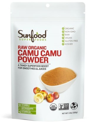 Sunfood, Raw Organic Camu Camu Powder, 3.5 oz (100 g) ,المكملات الغذائية، سوبرفوودس، مضادات الأكسدة، كامو كامو - فيتامين ج الطبيعي