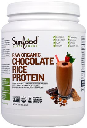 Sunfood, Raw Organic Chocolate Rice Protein, 2.5 lb (1.13 kg) ,المكملات الغذائية، البروتين، مسحوق بروتين الأرز