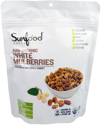 Sunfood, Raw Organic White Mulberries, 8 oz (227 g) ,الطعام، الفاكهة المجفوفة، التوت