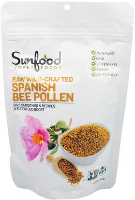 Sunfood, Raw Wild-Crafted Spanish Bee Pollen, 8 oz (227 g) ,المكملات الغذائية، سوبرفوودس، منتجات النحل، لقاح النحل