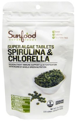 Sunfood, Spirulina & Chlorella, Super Algae Tablets, 250 mg, 228 Tablets ,المكملات الغذائية، سوبرفوودس، سبيرولينا