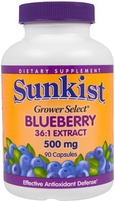 Sunkist, Grower Select, Blueberry, 36:1 Extract, 500 mg, 90 Capsules ,والمكملات الغذائية، ومضادات الأكسدة، توت