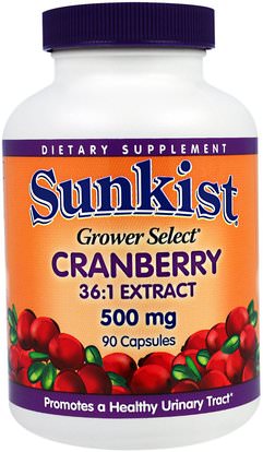Sunkist, Grower Select, Cranberry 36:1 Extract, 500 mg, 90 Capsules ,الأعشاب، عصير التوت البري استخراج، التوت البري